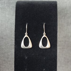 Dangle Silvertone Earrings Triangle Oval Center Pierced Ears Hook